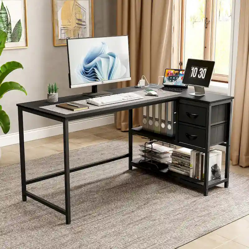 Bureau d'angle avec tiroir, bureau d'écriture, bureau d'ordinateur d'angle avec étagères et station de charge