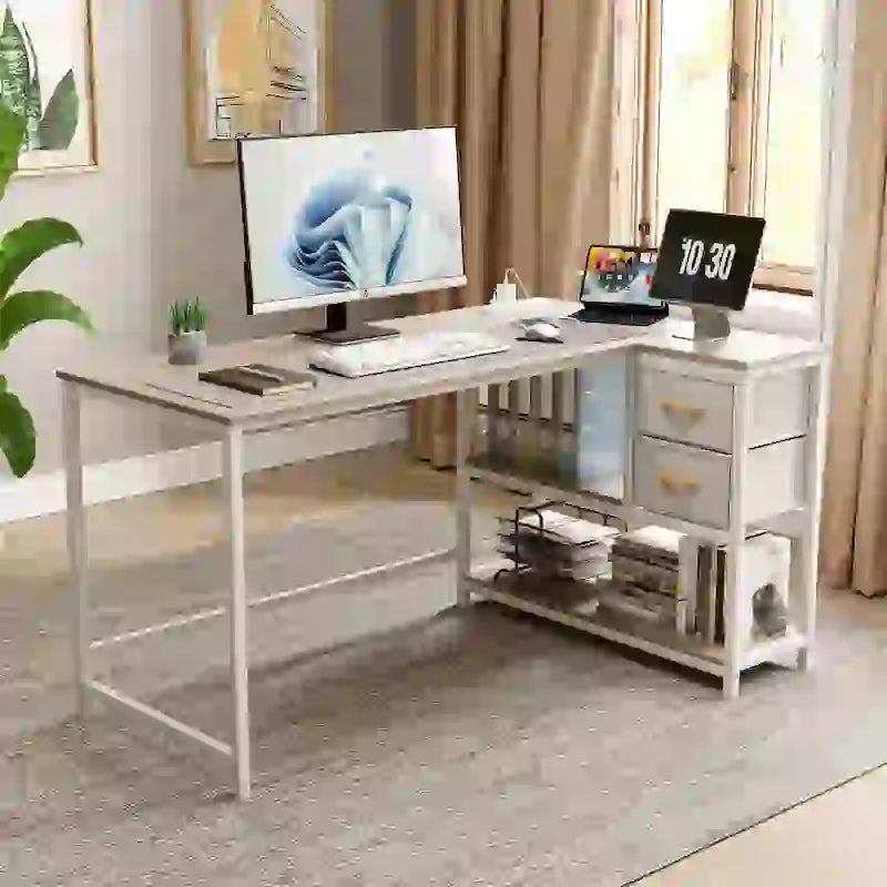 Bureau d'angle avec tiroir, bureau d'écriture, bureau d'ordinateur d'angle avec étagères et station de charge