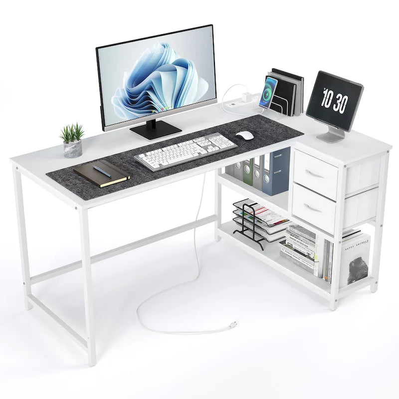 Bureau d'angle avec tiroir, bureau d'écriture, bureau d'ordinateur d'angle avec étagères et station de charge