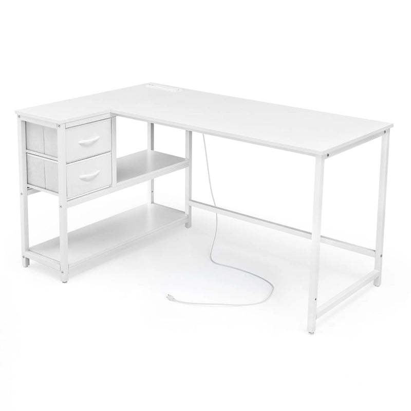 Bureau d'angle avec tiroir, bureau d'écriture, bureau d'ordinateur d'angle avec étagères et station de charge