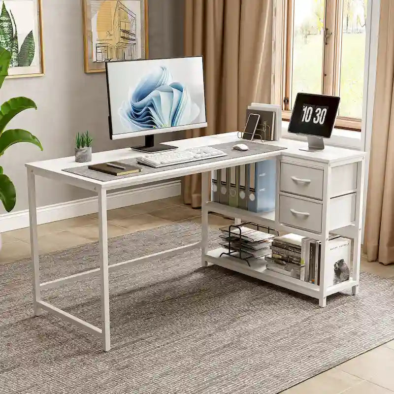 Bureau d'angle avec tiroir, bureau d'écriture, bureau d'ordinateur d'angle avec étagères et station de charge
