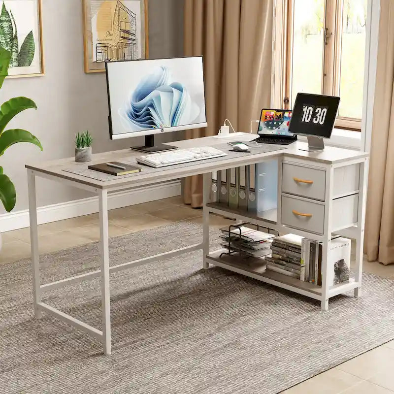 Bureau d'angle avec tiroir, bureau d'écriture, bureau d'ordinateur d'angle avec étagères et station de charge