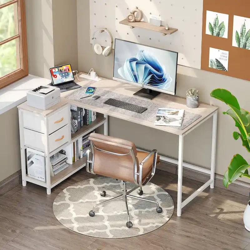 Bureau d'angle avec tiroir, bureau d'écriture, bureau d'ordinateur d'angle avec étagères et station de charge