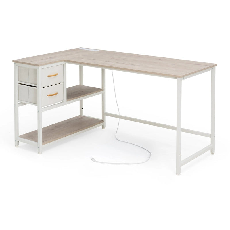 Bureau d'angle avec tiroir, bureau d'écriture, bureau d'ordinateur d'angle avec étagères et station de charge