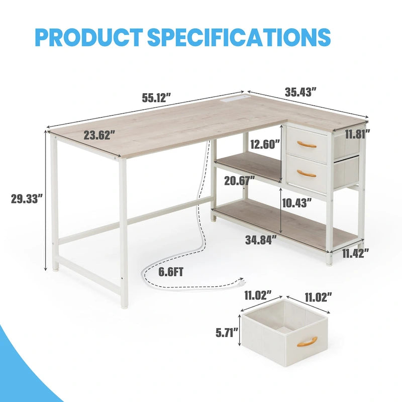 Bureau d'angle avec tiroir, bureau d'écriture, bureau d'ordinateur d'angle avec étagères et station de charge