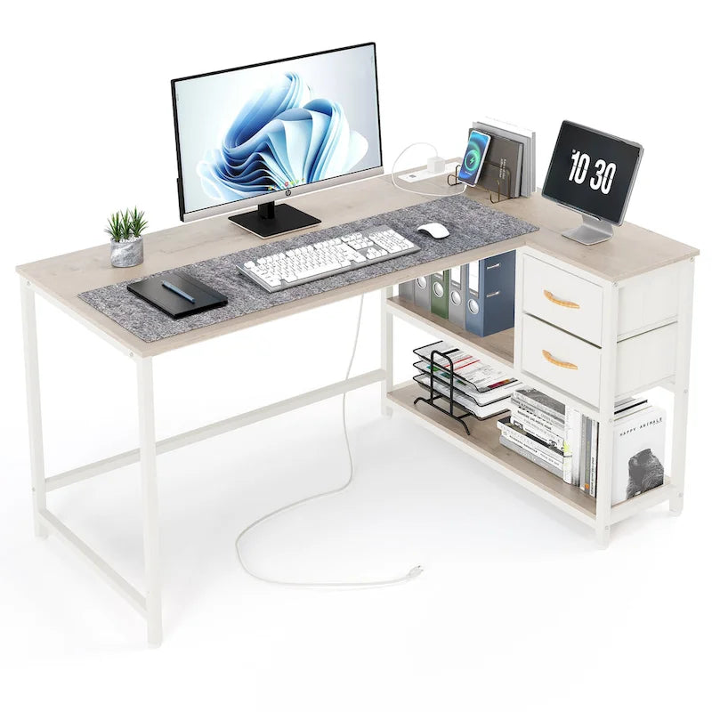Bureau d'angle avec tiroir, bureau d'écriture, bureau d'ordinateur d'angle avec étagères et station de charge