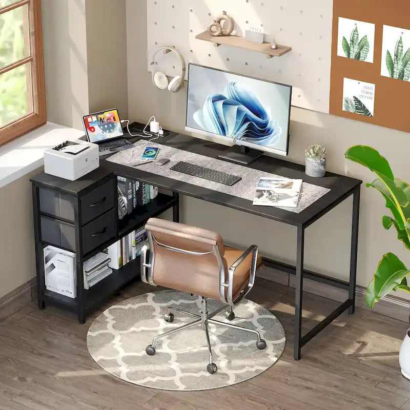 Bureau d'angle avec tiroir, bureau d'écriture, bureau d'ordinateur d'angle avec étagères et station de charge