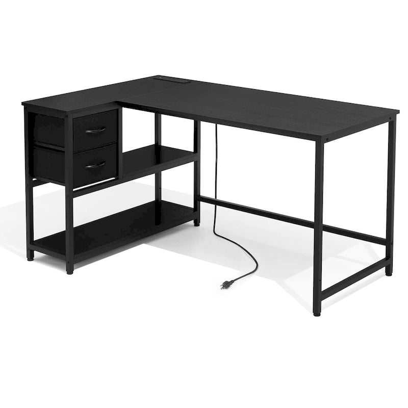 Bureau d'angle avec tiroir, bureau d'écriture, bureau d'ordinateur d'angle avec étagères et station de charge