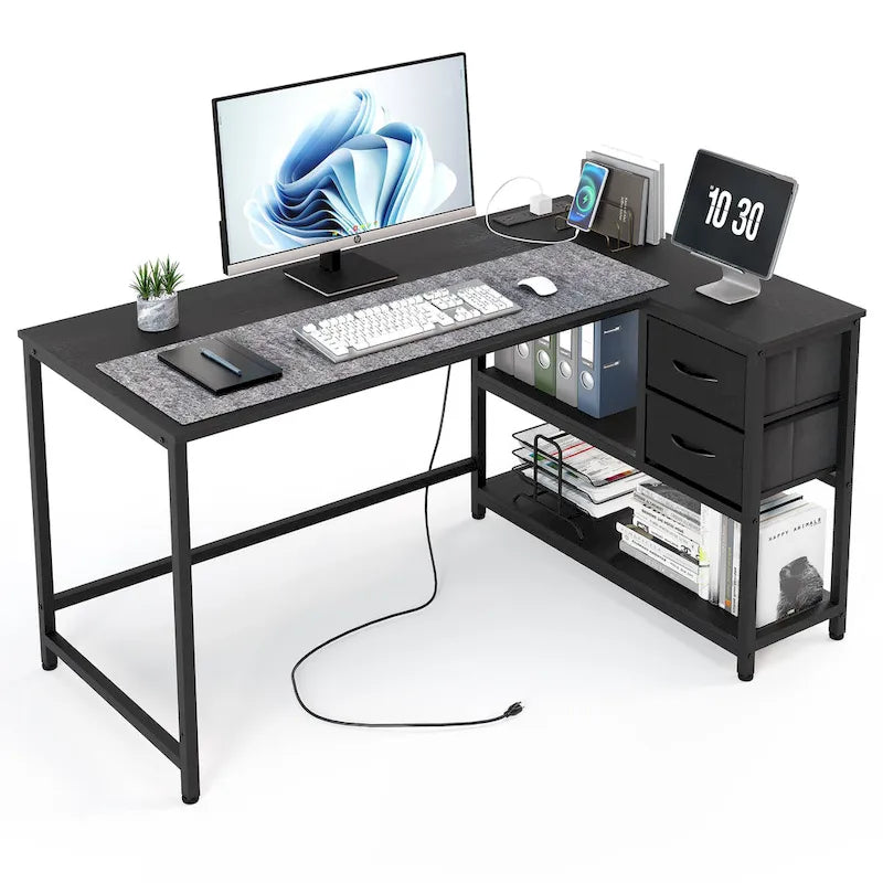 Bureau d'angle avec tiroir, bureau d'écriture, bureau d'ordinateur d'angle avec étagères et station de charge