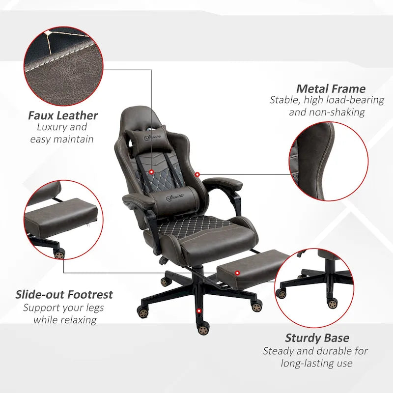 Chaise de jeu Vinto, style course, ergonomique, de bureau, réglable en hauteur, pivotante, inclinable, dossier haut, pour PC et bureau.