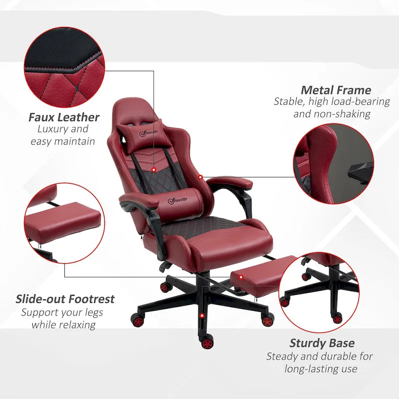 Chaise de jeu Vinto, style course, ergonomique, de bureau, réglable en hauteur, pivotante, inclinable, dossier haut, pour PC et bureau.
