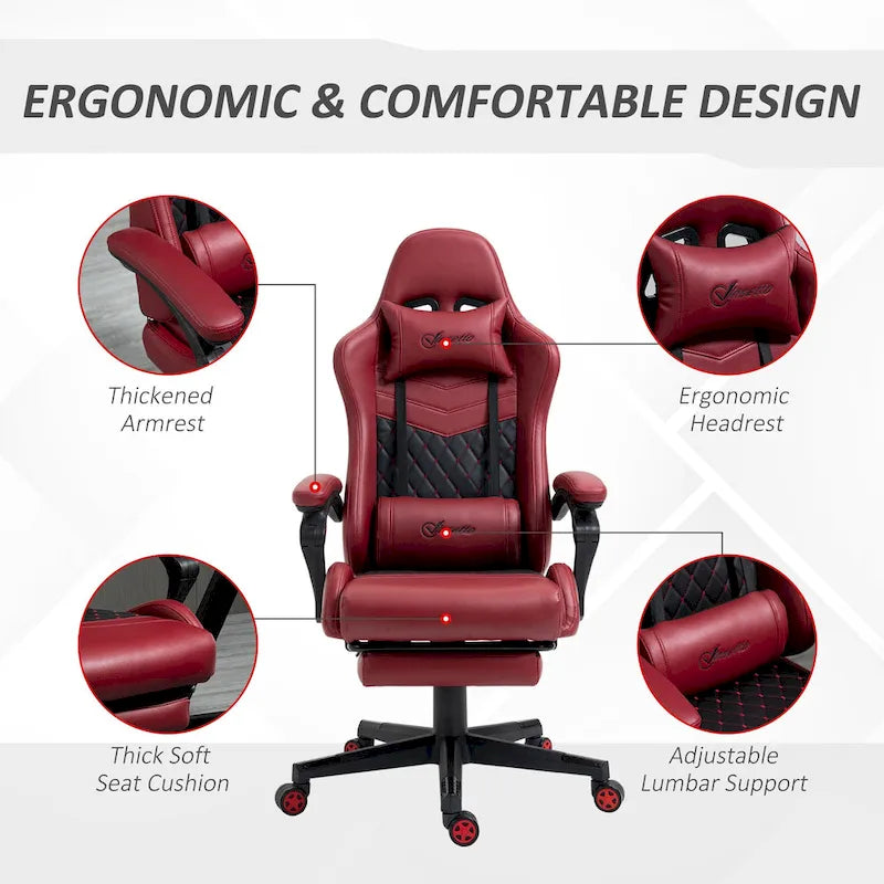 Chaise de jeu Vinto, style course, ergonomique, de bureau, réglable en hauteur, pivotante, inclinable, dossier haut, pour PC et bureau.