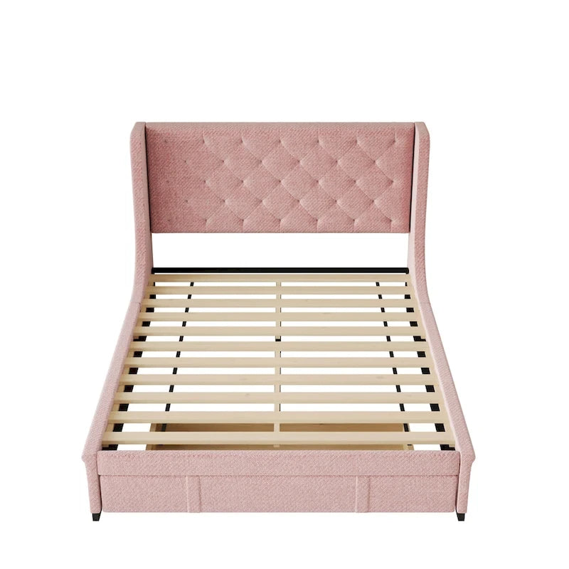 Lit plateforme tapissé de taille Queen avec tête de lit à oreilles et un grand tiroir