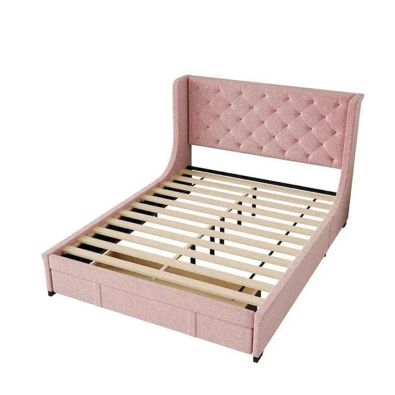 Lit plateforme tapissé de taille Queen avec tête de lit à oreilles et un grand tiroir