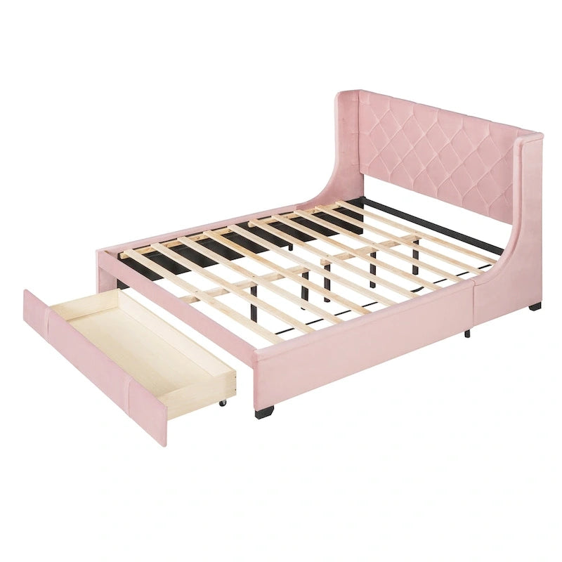 Lit plateforme tapissé de taille Queen avec tête de lit à oreilles et un grand tiroir
