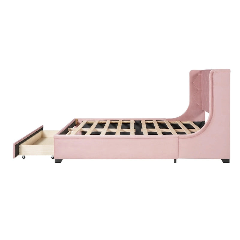 Lit plateforme tapissé de taille Queen avec tête de lit à oreilles et un grand tiroir
