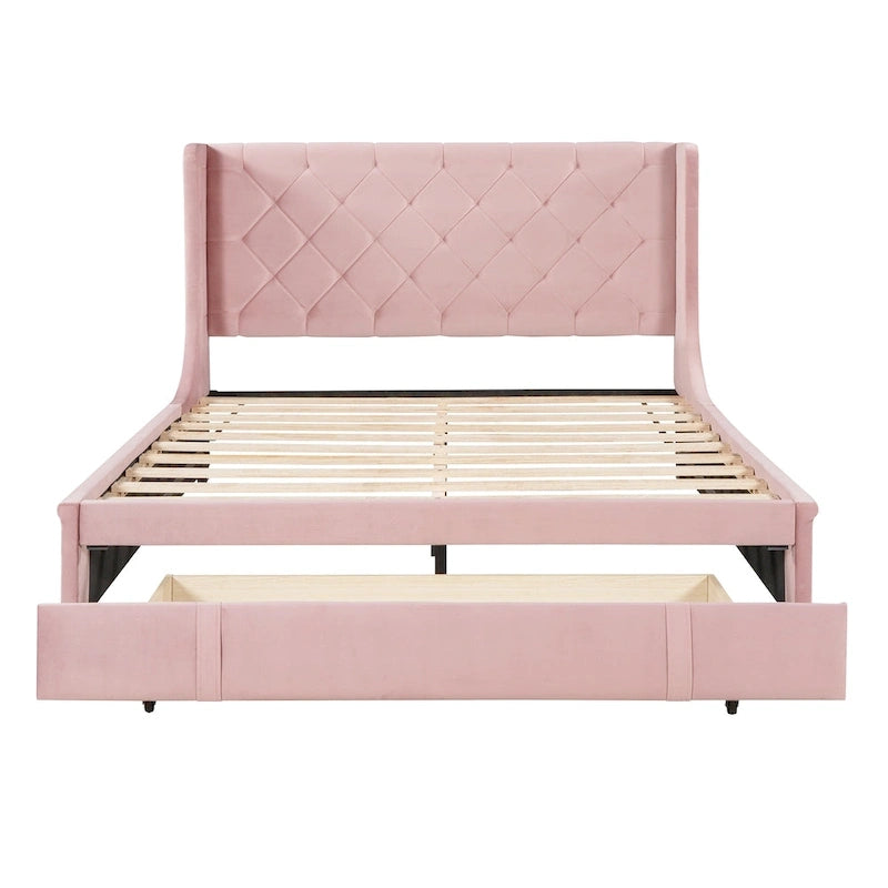 Lit plateforme tapissé de taille Queen avec tête de lit à oreilles et un grand tiroir