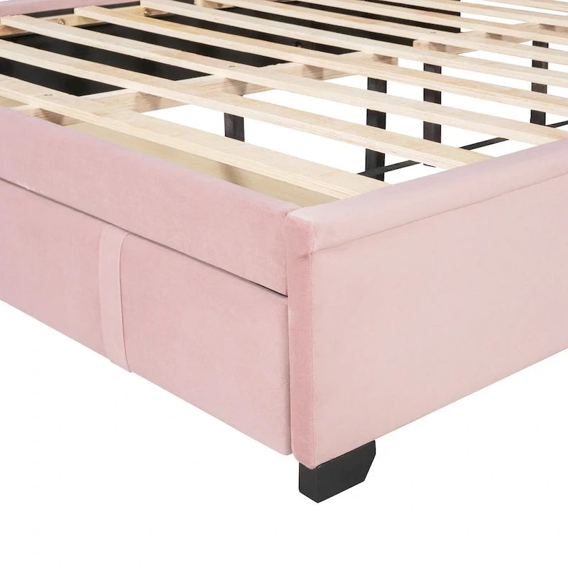 Lit plateforme tapissé de taille Queen avec tête de lit à oreilles et un grand tiroir