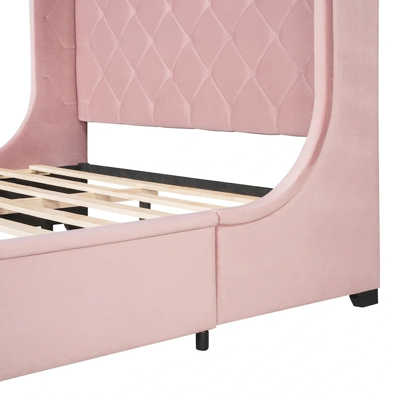 Lit plateforme tapissé de taille Queen avec tête de lit à oreilles et un grand tiroir