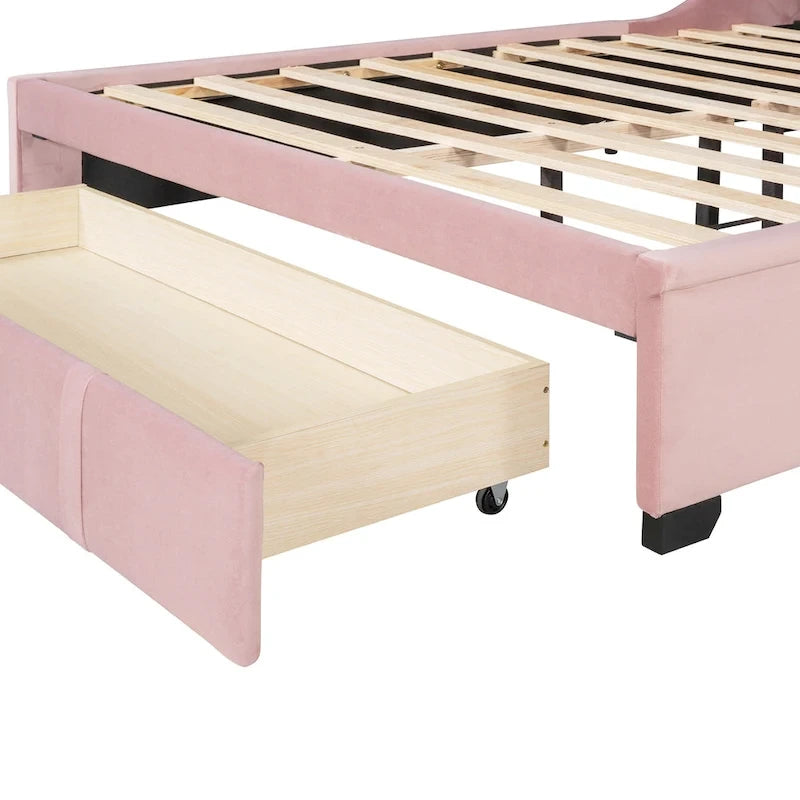 Lit plateforme tapissé de taille Queen avec tête de lit à oreilles et un grand tiroir