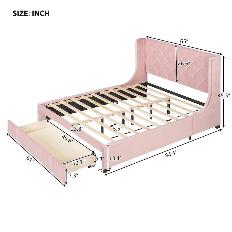 Lit plateforme tapissé de taille Queen avec tête de lit à oreilles et un grand tiroir