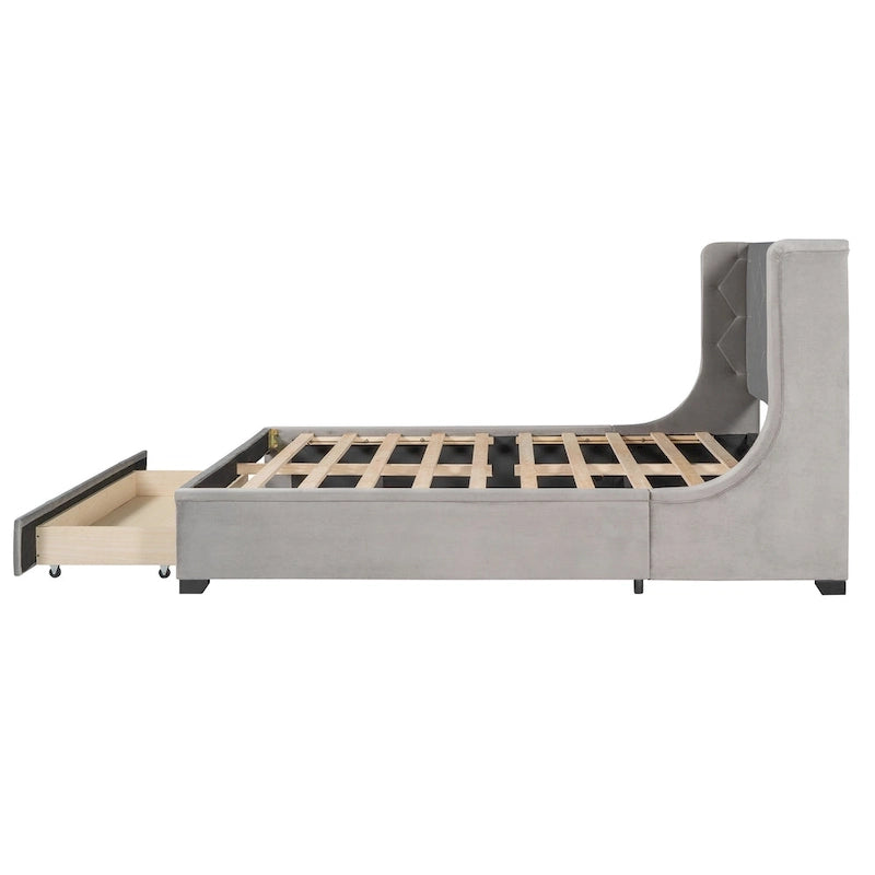 Lit plateforme tapissé de taille Queen avec tête de lit à oreilles et un grand tiroir