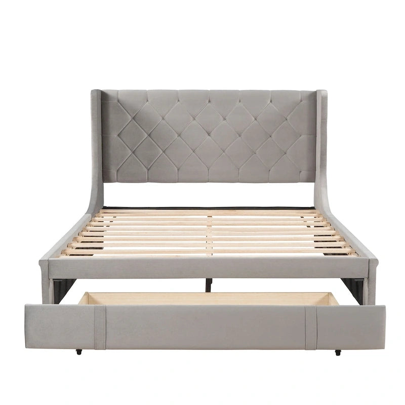 Lit plateforme tapissé de taille Queen avec tête de lit à oreilles et un grand tiroir