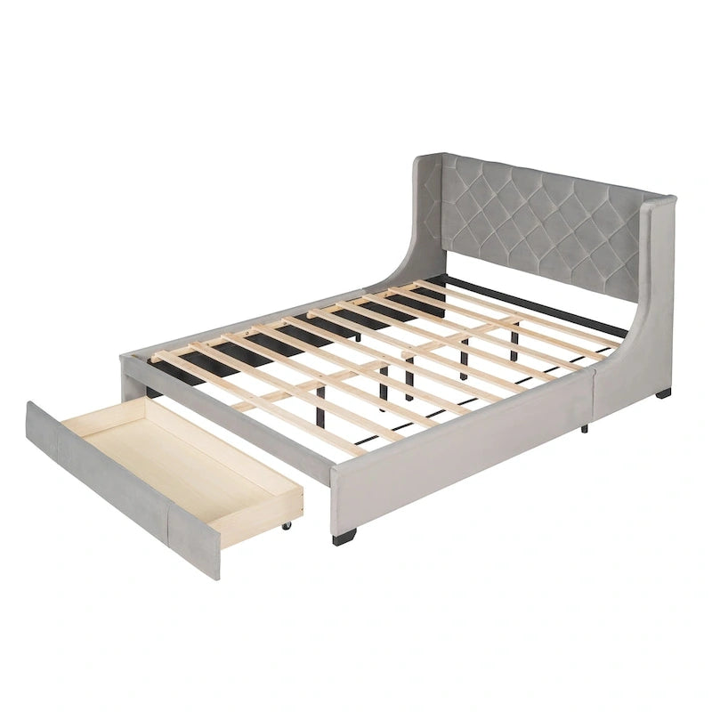 Lit plateforme tapissé de taille Queen avec tête de lit à oreilles et un grand tiroir