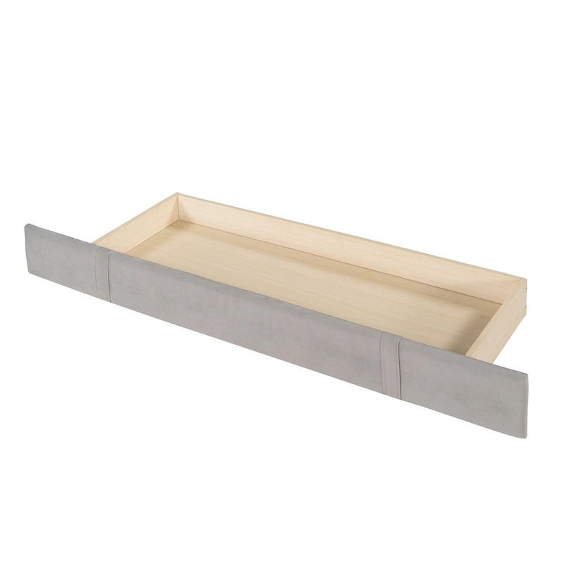 Lit plateforme tapissé de taille Queen avec tête de lit à oreilles et un grand tiroir