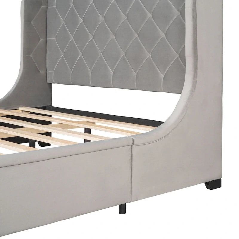 Lit plateforme tapissé de taille Queen avec tête de lit à oreilles et un grand tiroir