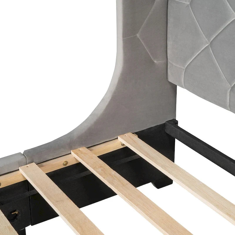Lit plateforme tapissé de taille Queen avec tête de lit à oreilles et un grand tiroir