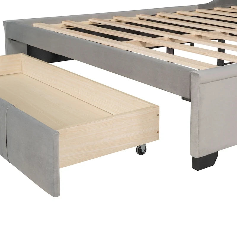 Lit plateforme tapissé de taille Queen avec tête de lit à oreilles et un grand tiroir