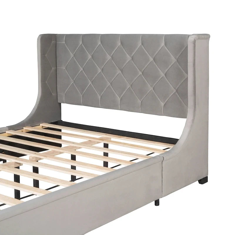 Lit plateforme tapissé de taille Queen avec tête de lit à oreilles et un grand tiroir