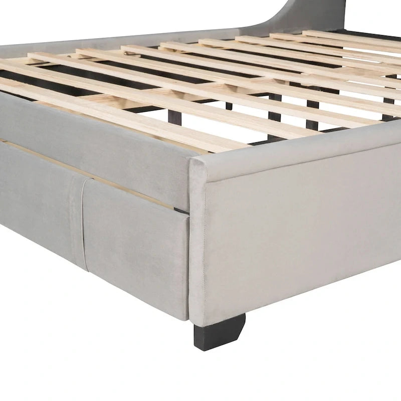 Lit plateforme tapissé de taille Queen avec tête de lit à oreilles et un grand tiroir