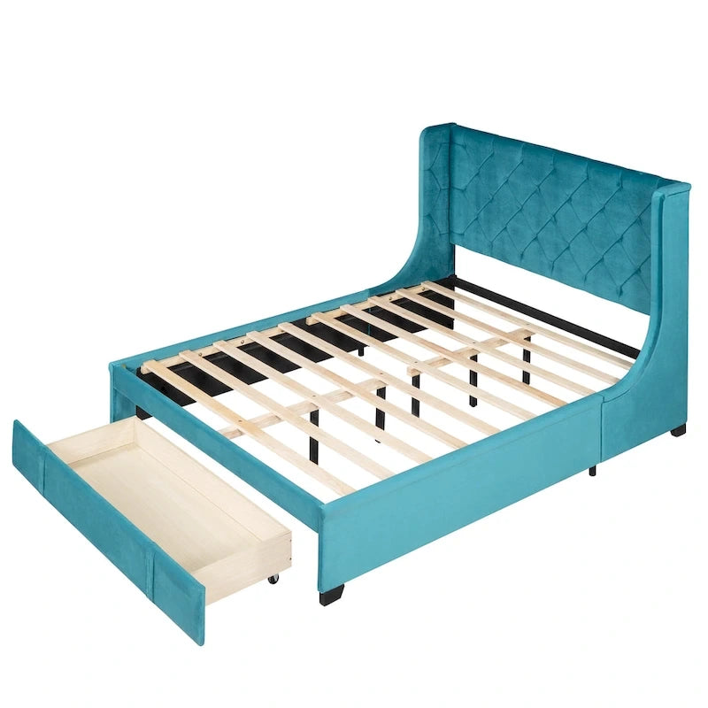 Lit plateforme tapissé de taille Queen avec tête de lit à oreilles et un grand tiroir