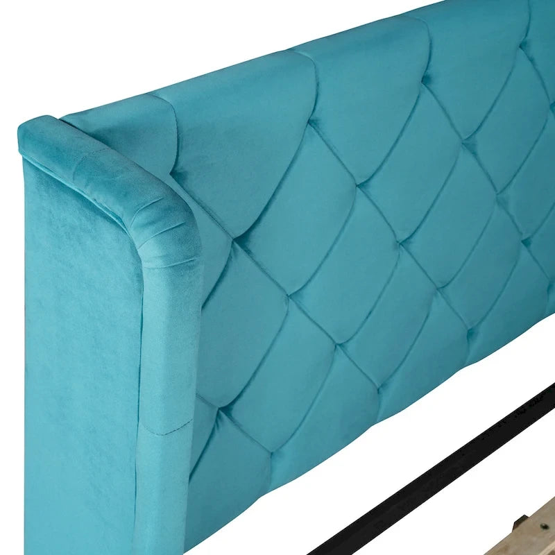 Lit plateforme tapissé de taille Queen avec tête de lit à oreilles et un grand tiroir