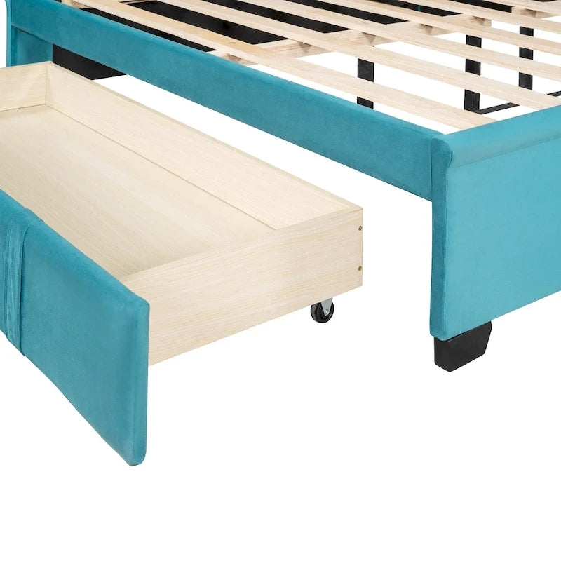 Lit plateforme tapissé de taille Queen avec tête de lit à oreilles et un grand tiroir