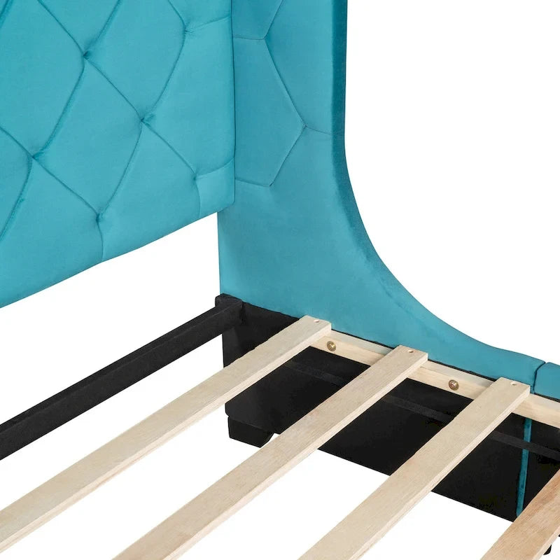 Lit plateforme tapissé de taille Queen avec tête de lit à oreilles et un grand tiroir