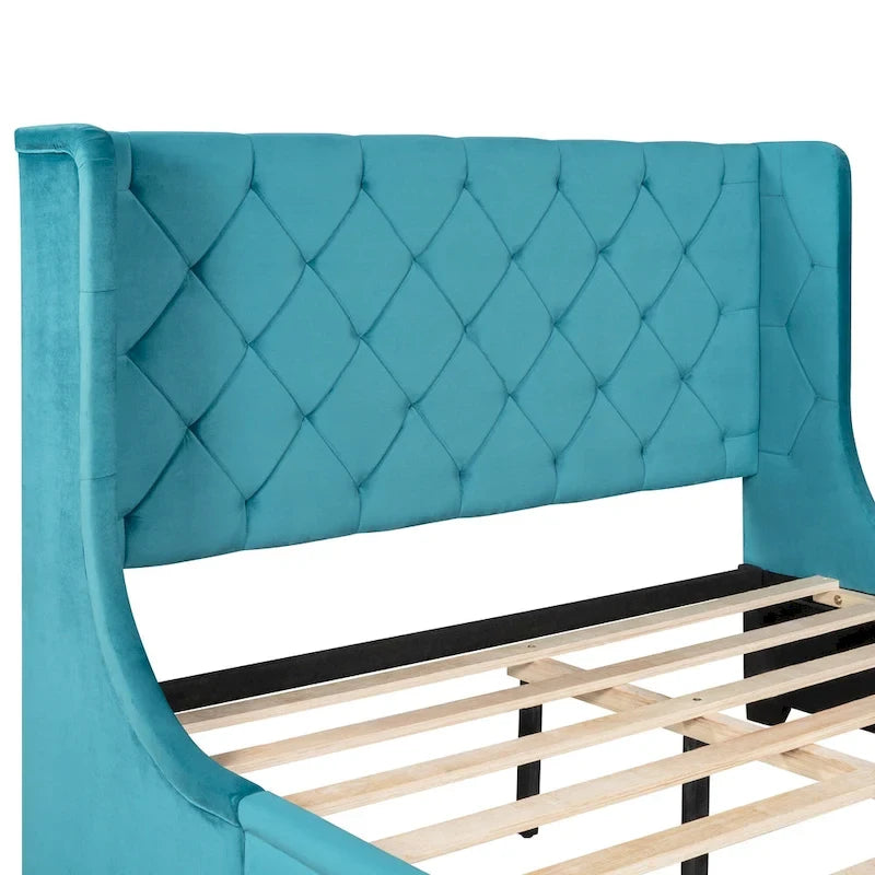Lit plateforme tapissé de taille Queen avec tête de lit à oreilles et un grand tiroir