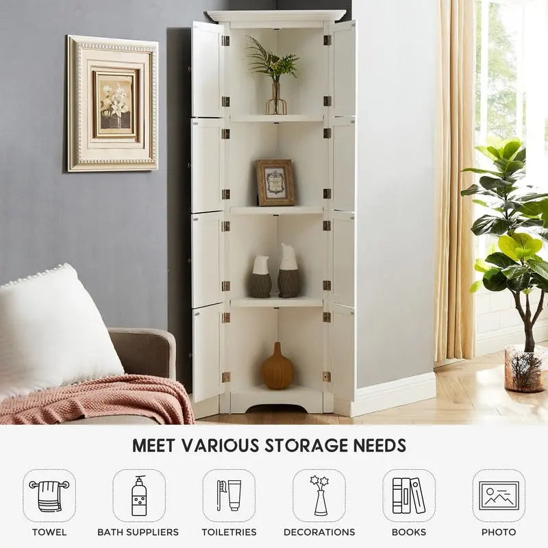 Meuble de rangement haut d'angle pour salle de bain, meuble de rangement au sol avec 8 portes et 4 étagères pour salle de bain, salon
