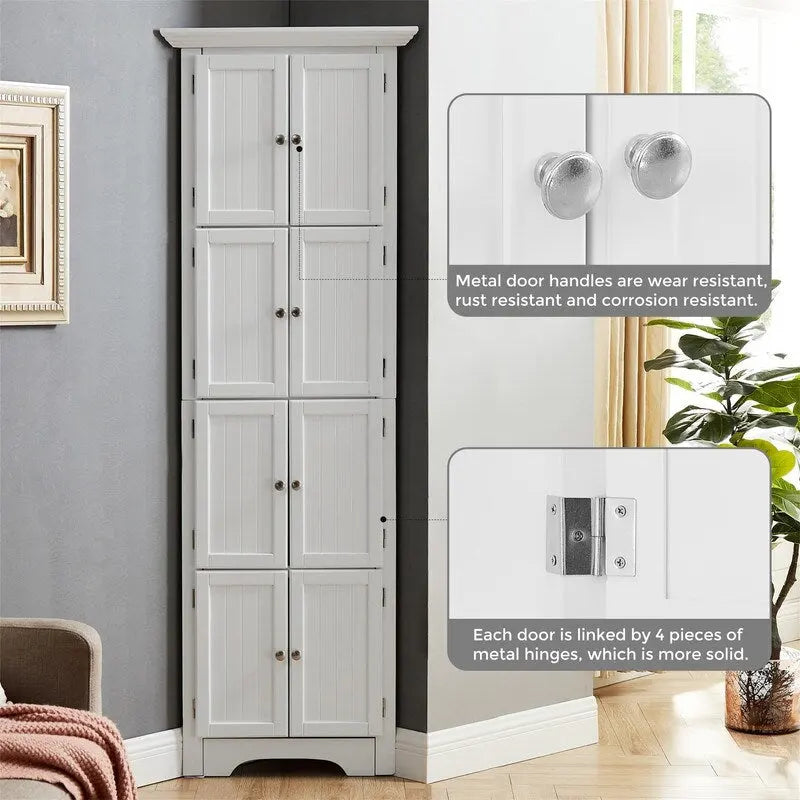 Meuble de rangement haut d'angle pour salle de bain, meuble de rangement au sol avec 8 portes et 4 étagères pour salle de bain, salon