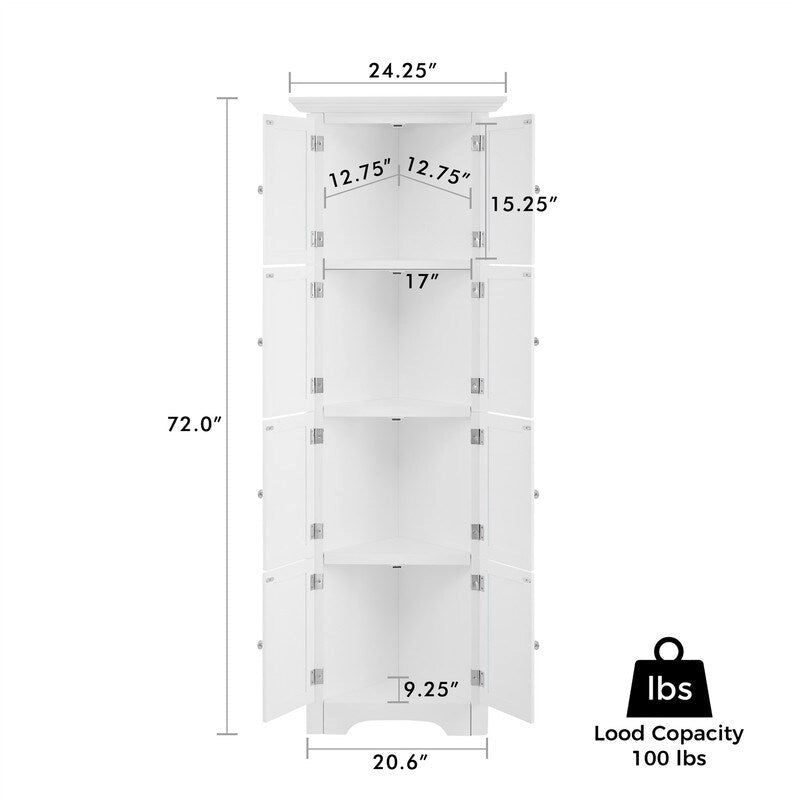 Meuble de rangement haut d'angle pour salle de bain, meuble de rangement au sol avec 8 portes et 4 étagères pour salle de bain, salon