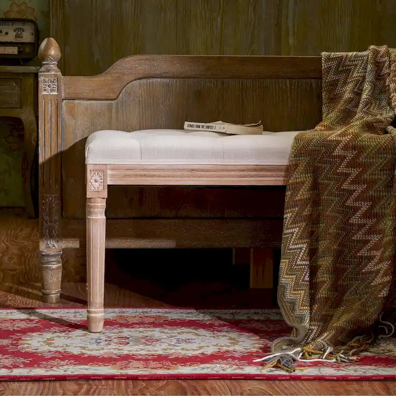 Banc capitonné vintage français extra long avec cadre en bois sculpté