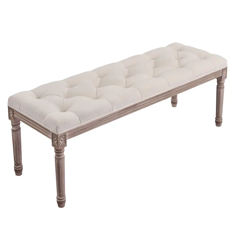 Banc capitonné vintage français extra long avec cadre en bois sculpté
