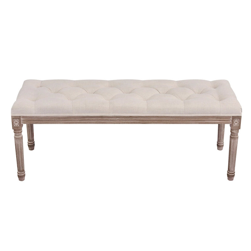 Banc capitonné vintage français extra long avec cadre en bois sculpté