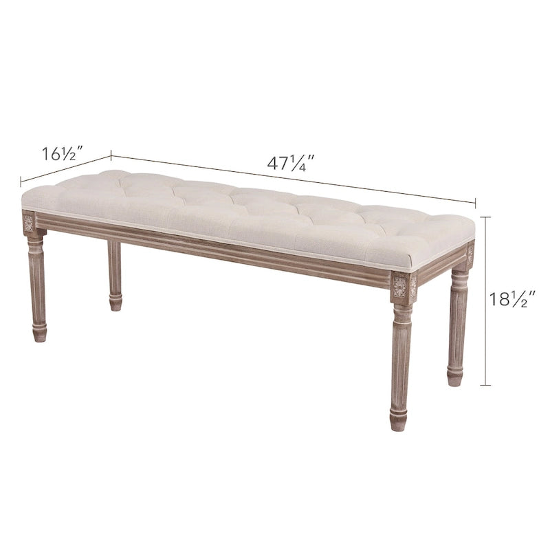 Banc capitonné vintage français extra long avec cadre en bois sculpté