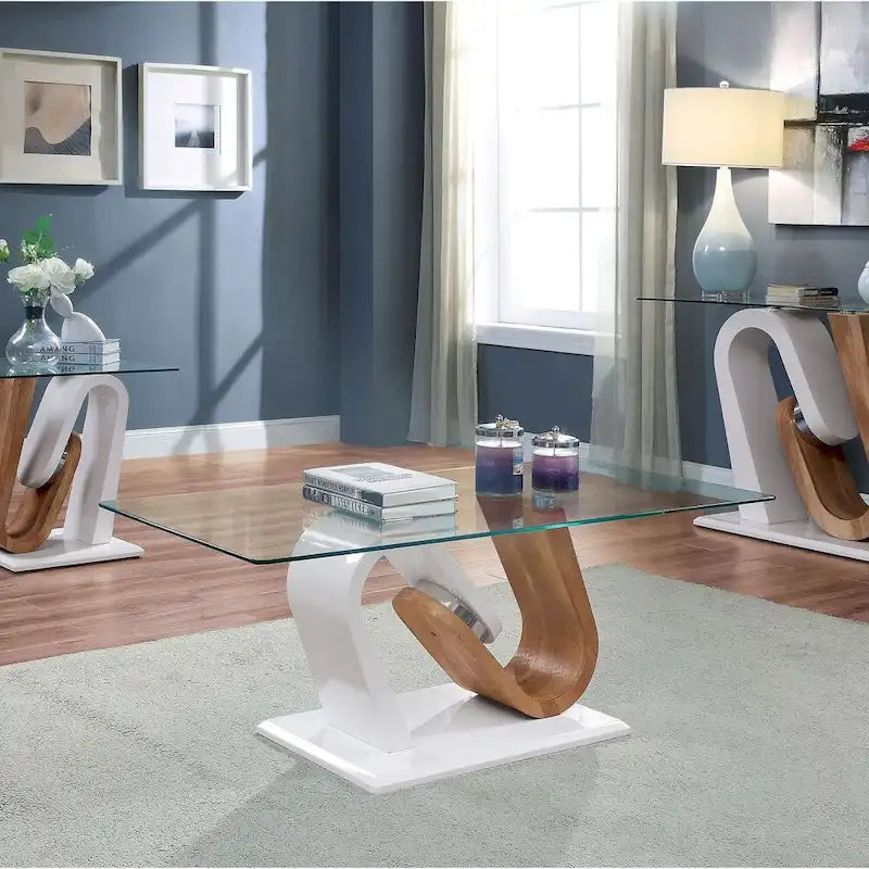 Table basse contemporaine blanche et naturelle de 119 cm avec plateau en verre