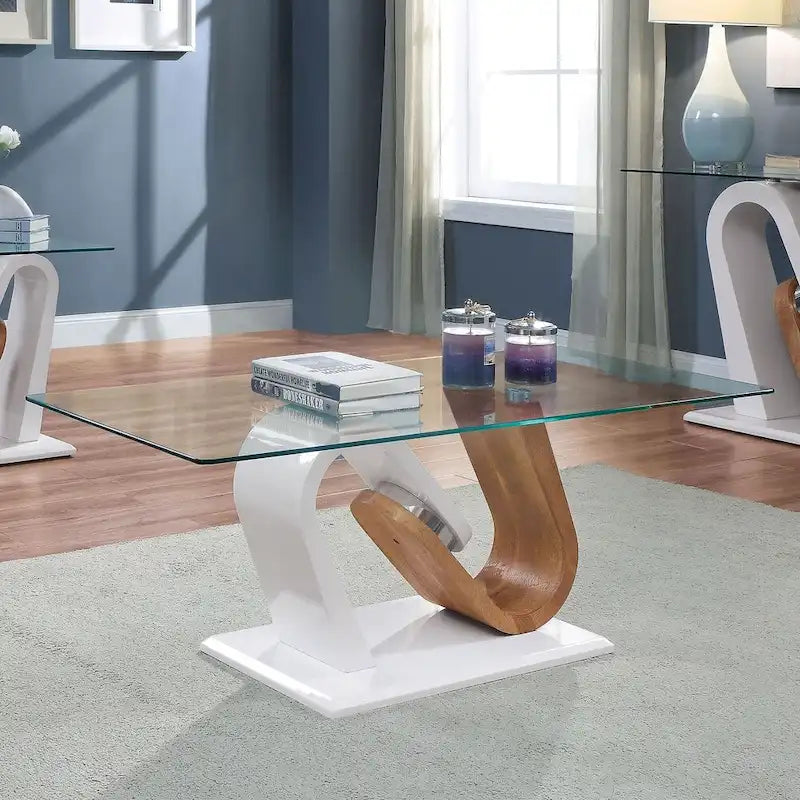Table basse contemporaine blanche et naturelle de 119 cm avec plateau en verre
