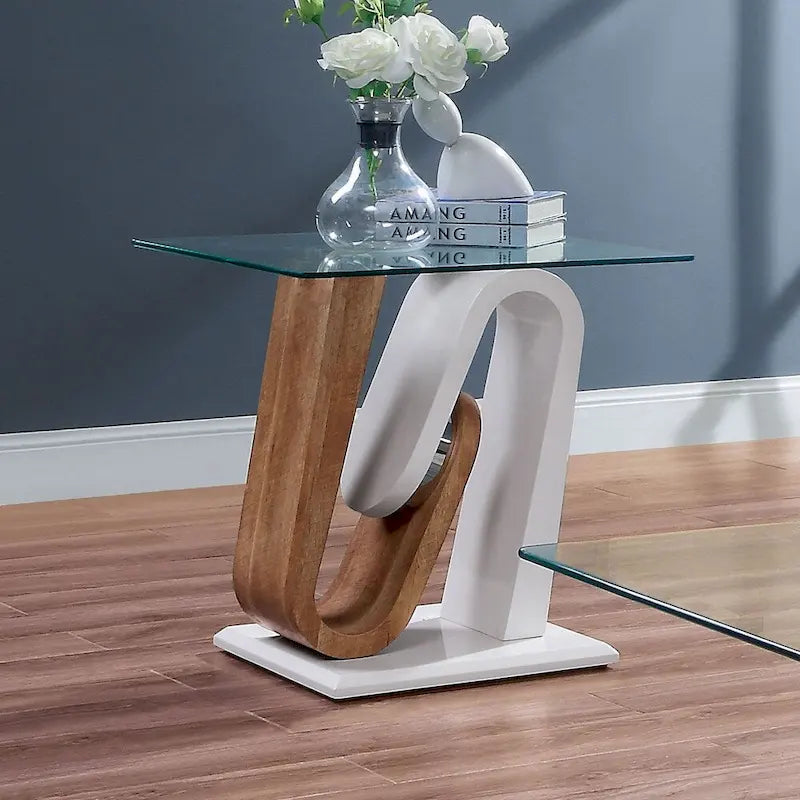 Table basse contemporaine blanche et naturelle de 119 cm avec plateau en verre