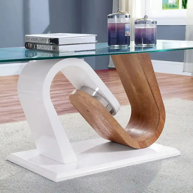 Table basse contemporaine blanche et naturelle de 119 cm avec plateau en verre